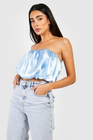 Blue Satin Bandeau Puffball Cropped Top