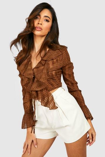 Textured Ruffle Tie Detail Cropped Blouse Top chocolate