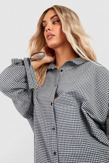 Plus Tie Cuff Oversized Gingham Checked Shirt black