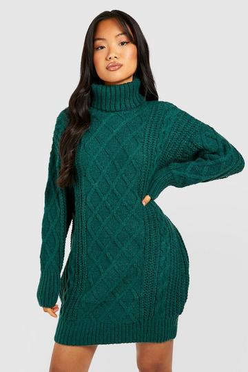 Green Petite Roll Neck Diamond Cable Knit Jumper Dress