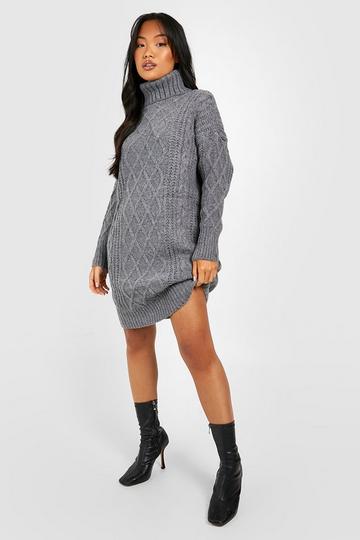 Petite Turtleneck Diamond Cable Knit Sweater Dress dark grey