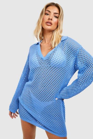 Crochet Polo Cover Up Beach Dress blue