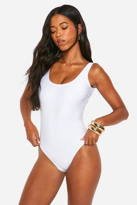 ASOS DESIGN contrast binding scoop neck swimsuit in white