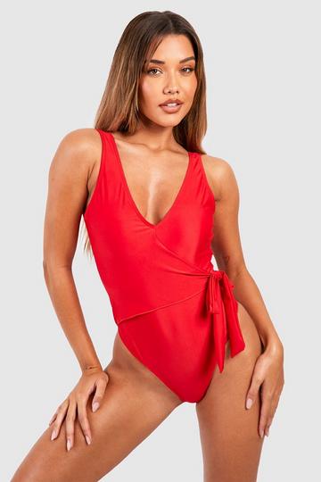Fuller Bust Tummy Control Wrap Swimsuit red