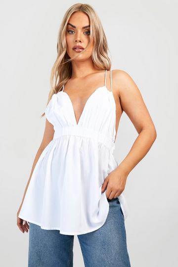 Plus Woven Shirred Plunge Cami Top white
