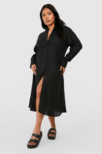 Plus Linen Midi Shirt Dress black