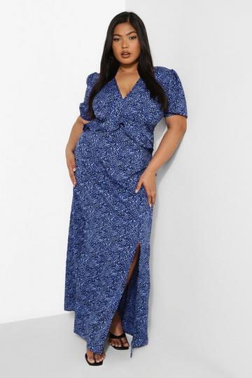 Plus Printed Ruffle Maxi Dress blue
