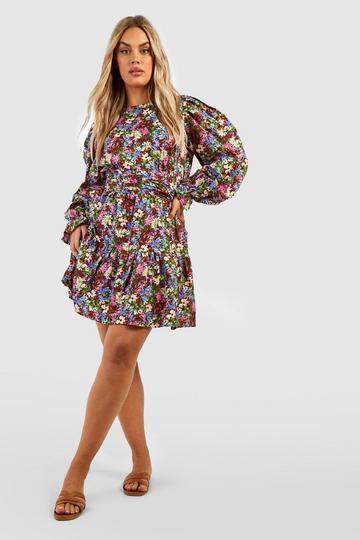 Plus Woven Puff Sleeve Floral Skater Dress berry