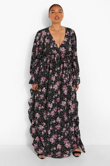 Plus Woven Ditsy Floral Ruffle Maxi Dress black