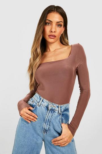 Double Layer Slinky Square Neck Long Sleeve Top mocha