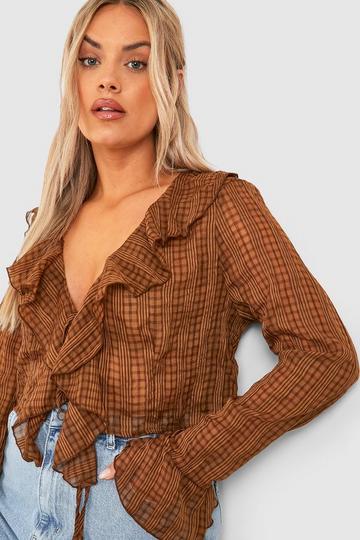 Plus Textured Ruffle Tie Detail Cropped Blouse Top chocolate