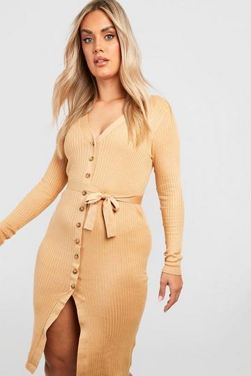 Plus Knitted Belted Midi Jumper Dress camel