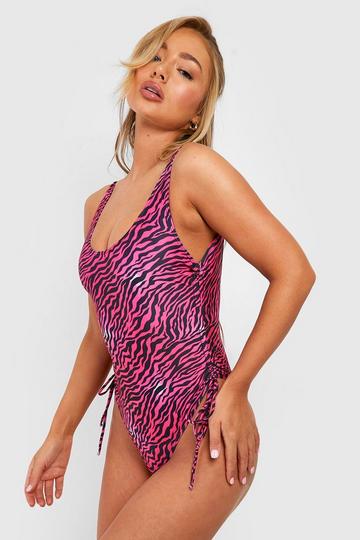 Pink Zebra Ruched Sides Scoop Swimsuit bright pink