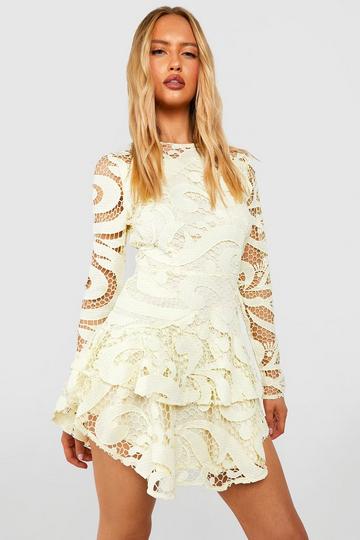 Tall Premium Corded Lace Dip Hem Tiered Skater Dress lemon