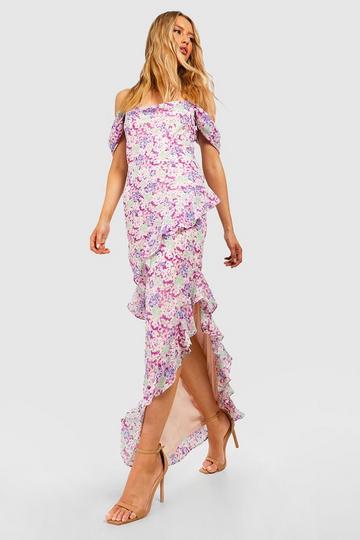 Tall Floral Crochet Cold Shoulder Cowl Ruffle Maxi Dress orchid