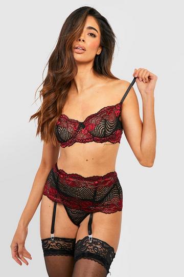 Red Lace Bra & Suspender Set And Thong