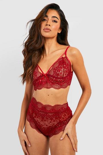 Valentines Lace Long Line Bralet & High Waist Knicker Set red