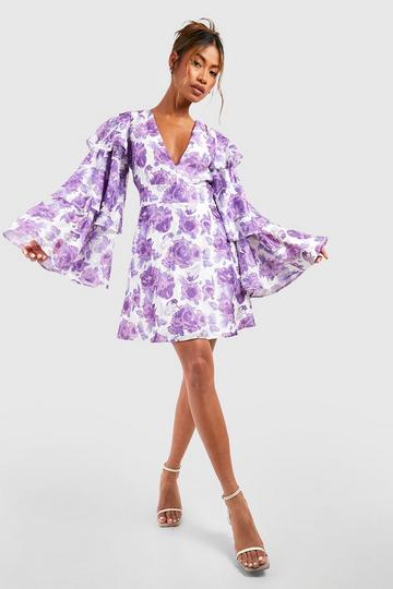 Lilac Purple Floral Chiffon Layered Frill Sleeve Skater Dress