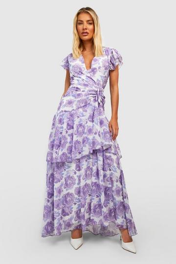Lilac Purple Floral Chiffon Ruffle Tiered Maxi Dress