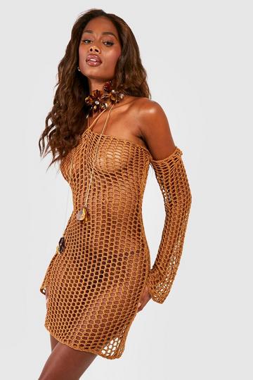 Halterneck Open Crochet Mini Dress caramel