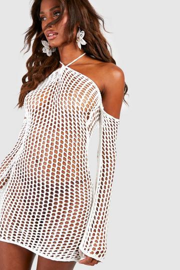 Halterneck Open Crochet Mini Dress white