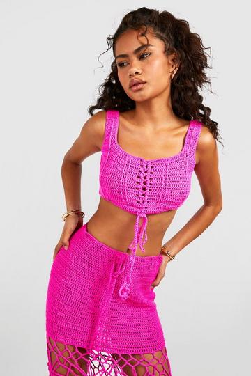 Crochet Lace Up Corset hot pink