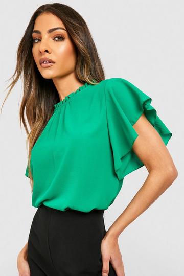 Bright Neon Woven Frill Sleeve And Neck Blouse