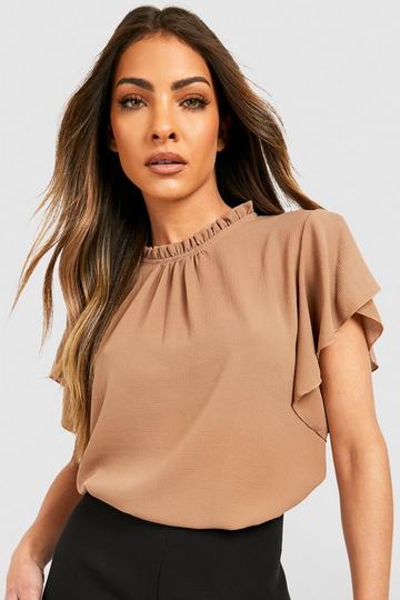 Woven Frill Sleeve And Neck Blouse camel