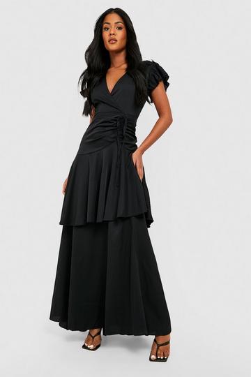 Tall Wrap Ruffle Ruched Angel Sleeve Dress black