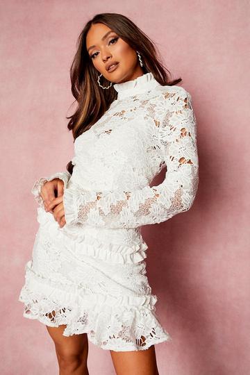 Lace High Neck Long Sleeve Tiered Mini Dress white