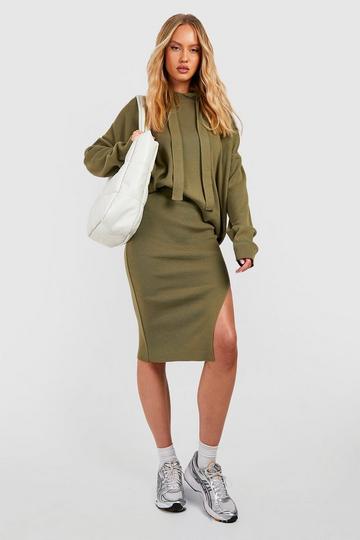 Tall Knitted Oversized Hoodie And Midi Skirt Coord washed khaki