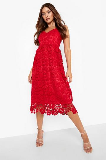 Red Strappy Crochet Lace Skater Midi Dress