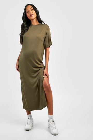Khaki Maternity T-shirt Midaxi Dress