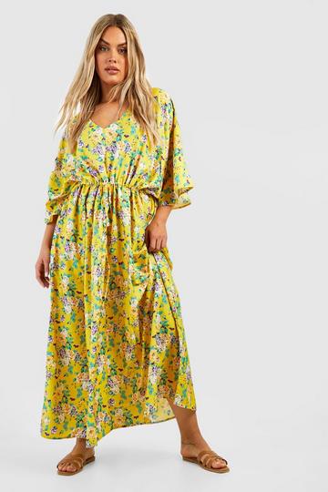 Plus Floral Extreme Angel Sleeve Maxi Dress yellow