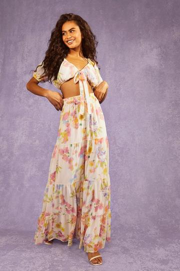 Pastel Floral Tiered Floaty Maxi Skirt ivory
