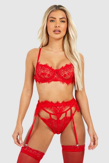 Crotchless Eyelash Lace Bralette Suspender And Thong Set red