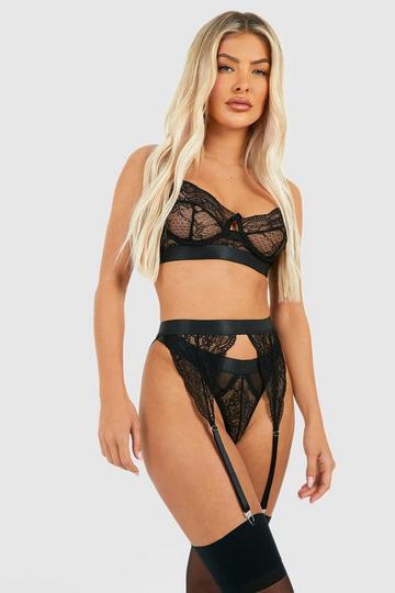 Black Crotchless Lace Bra Thong And Suspender Set