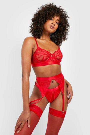 Red Valentines Crotchless Lace Bra Thong And Suspender Set