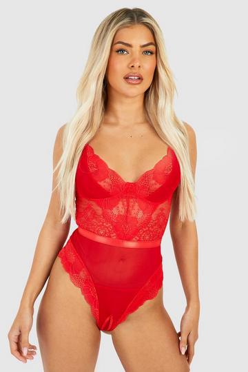 Crotchless Lace And Mesh Bodysuit red