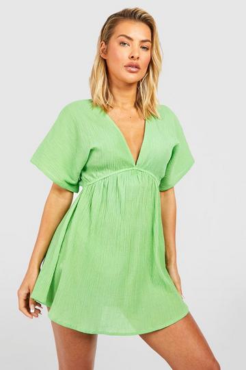 Cotton Flutter Sleeves Plunge Beach Dress green
