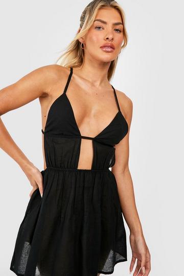 Black Linen Look Cut Out Plunge Beach Mini Dress