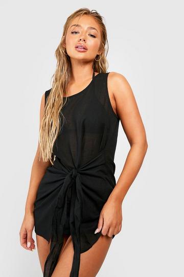 Black Linen Look Tie Front Beach Mini Dress
