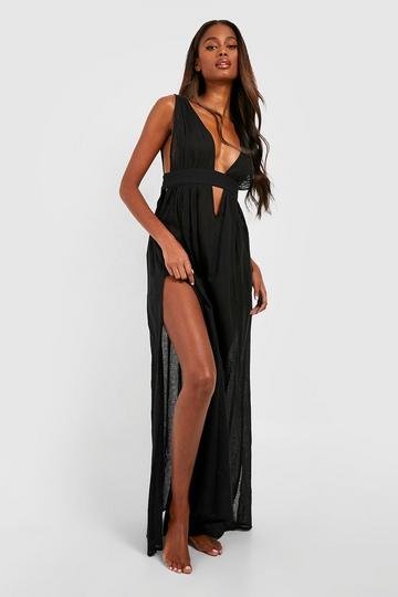 Black Linen Look Plunge Split Maxi Beach Dress