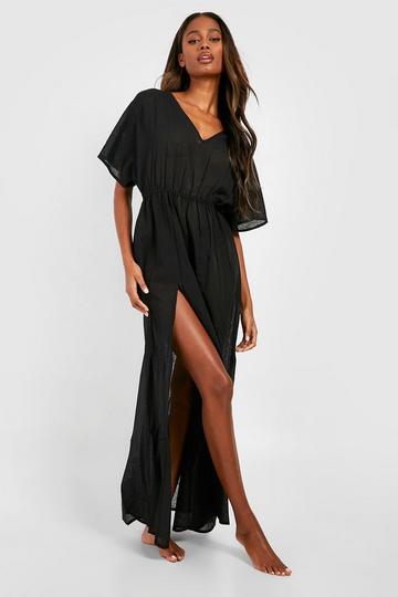 Linen Look Tie Waist Maxi Beach Kaftan Dress black