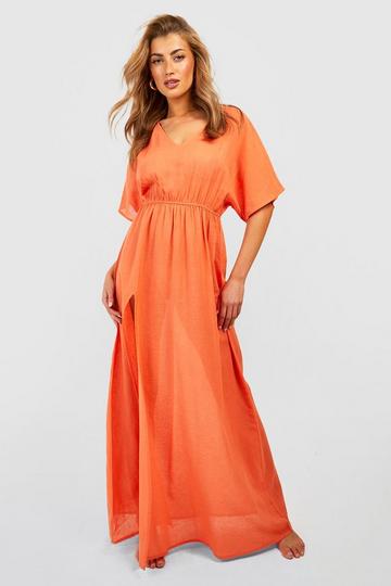 Orange Linen Look Tie Waist Maxi Beach Kaftan Dress