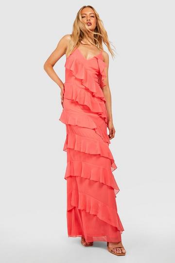 Coral Pink Tall Chiffon Ruffle Detail Maxi Dress