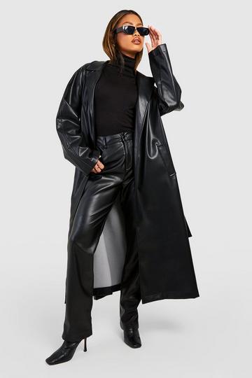 Oversized Faux Leather Belted Trench Coat black