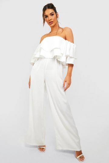 Tiered Ruffle Off The Shoulder Wide Leg Jumpsuit ivory