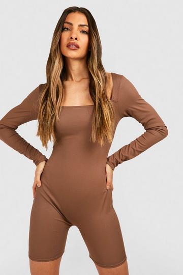 Basic Contoured Rib Square Neck Long Sleeve Unitard mocha