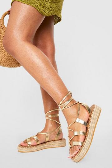 Metallic Wrap Around Tie Leg Flatform Sandal gold